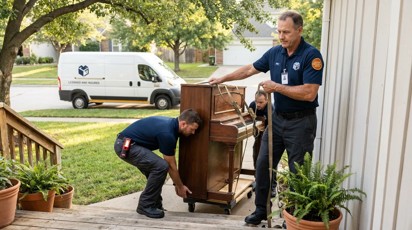 Licensed piano movers securing grand piano in Cerritos, CA