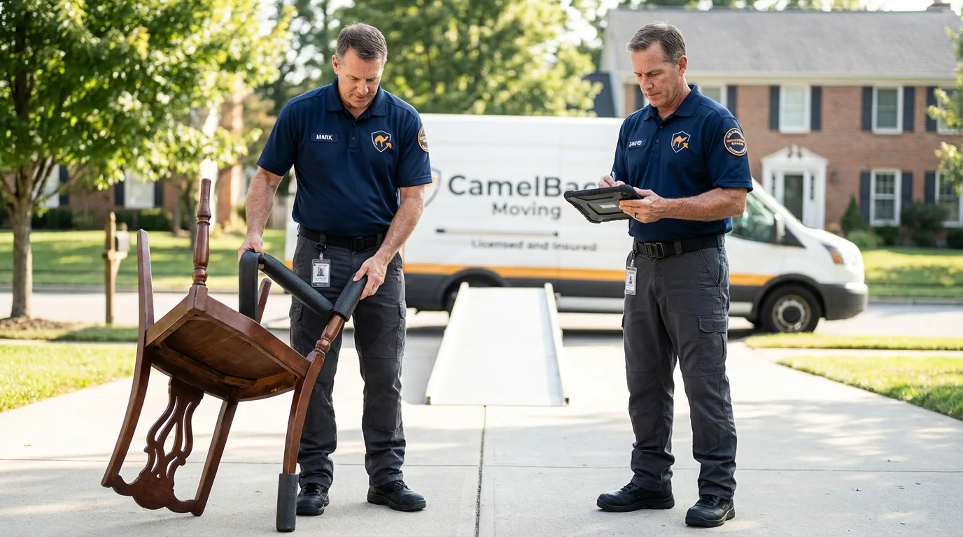 Movers inspecting furniture for damage prevention before loading in Cerritos, CA