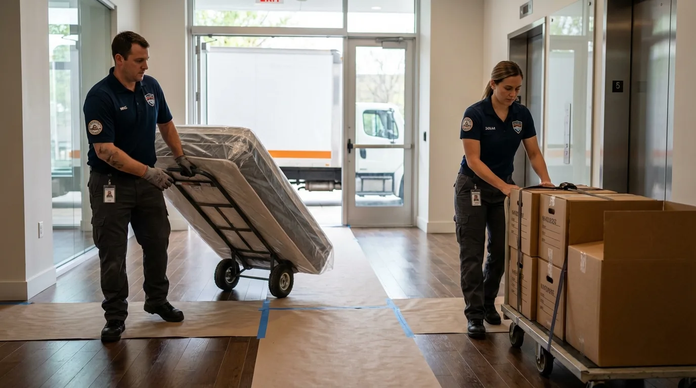 Professional apartment movers loading elevator in Cerritos, CA